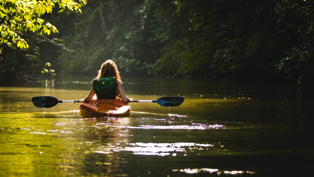 Personne vue de dos entrain de faire du Kayak dans une rivière
